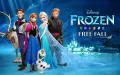 Hranatý jedlý obrázek s postavami Frozen – Elsa, Anna, Olaf a Sven před zasněženým zámkem Arendelle v modrých tónech, jedlý obrázek na dort.