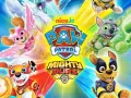 Pejsci Tlapkové patroly v edici Mighty Pups s blesky a superschopnostmi na pestrém pozadí, jedlý obrázek na dort