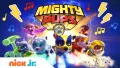 Psí záchranáři Tlapkové patroly v kostýmech Mighty Pups s blesky a notami na tmavě modrém pozadí, jedlý obrázek na dort