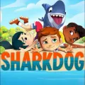 Sharkdog, půlpes a půlžralok, s třemi kamarády na písečné pláži u modrého moře, s barevným nápisem; jedlý obrázek na dort.