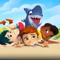 Usměvavý Sharkdog s třemi dětmi na slunném pozadí pod modrou oblohou, jedlý obrázek na dort