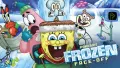 SpongeBob v beranici na saních mezi Patrikem, Sandy a Sépiákem v ledu, jedlý obrázek na dort s kresbou zimní scény