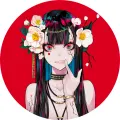Kulatý jedlý obrázek s dívkou v anime stylu, bílými květy ve vlasech a sytě červeným pozadím, jedlý obrázek na dort