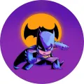 Malý Batman v odhodlaném postoji na fialovém pozadí se žlutým měsícem a netopýřím znakem, kulatý jedlý obrázek na dort