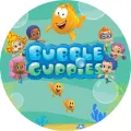 Kulatý jedlý obrázek s postavičkami Bubble Guppies, žlutou rybkou a bublinami na tyrkysovém mořském pozadí, jedlý obrázek na dort