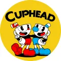 Cuphead a Mugman se usmívají na žlutém pozadí s černým retro nápisem, jedlý obrázek na dort