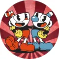 Cuphead a Mugman v retro kresleném stylu na tmavě vínovém pozadí s červenými paprsky, jedlý obrázek na dort