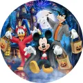 Mickey jako upír, Donald jako čert a Goofy s netopýřími křídly s dýňovými taškami na noční obloze, jedlý obrázek na dort