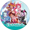 Kulatý jedlý obrázek s pěti hrdinkami Enchantimals a jejich zvířecími mazlíčky, pestré barvy, tyrkysový nápis, obrázek na dort