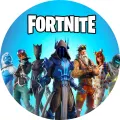 Kulatý jedlý obrázek na dort s rytířem v modré zbroji, yeti a dalšími bojovníky z Fortnite pod bílým nápisem, jedlý obrázek na dort