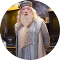 Albus Brumbál v šedém hábitu a vyšívané čapce s dlouhým bílým vousem na pozadí bradavických síní, jedlý obrázek na dort