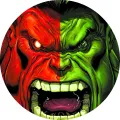 Kulatý jedlý obrázek na dort s půlenou tváří: vlevo ohnivý červený Hulk, vpravo zelený Hulk v řevu, komiksový styl, jedlý obrázek na dort