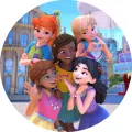 Kulatý jedlý obrázek s pěti postavičkami Lego Friends před barevným městem a modrou oblohou, obrázek na dort
