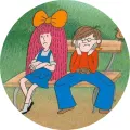 Mach a Šebestová sedí na lavičce v parku na zeleném pozadí, kresba z večerníčku, jedlý obrázek na dort