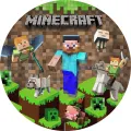 Kulatý jedlý obrázek na dort s postavami z Minecraftu: Steve, létající Alex, vlk, creeper a ghast v pixelovém světě