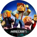 Postavy z Minecraftu Jesse s pochodní, Petra a prasátko Reuben na tmavě modrém pozadí noční oblohy, jedlý obrázek na dort