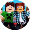 Dvě pixelové postavičky z Minecraftu, jedna v zeleném tričku s Creeperem, druhá v kostkované košili, na modré obloze – jedlý obrázek na dort