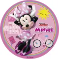 Kulatý jedlý obrázek myšky Minnie v růžových šatech se žlutým sluníčkem, kolem a městečkem, jedlý obrázek na dort