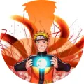 Naruto v oranžovo-černém oblečení drží zářící modrou energetickou kouli před plameny, jedlý obrázek na dort