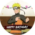 Ninja Naruto v oranžovo-černém oděvu s konfetami a nápisem Happy Birthday, jedlý obrázek na dort