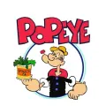 Kulatý jedlý obrázek s námořníkem Pepkem, dýmkou a plechovkou špenátu, nad nápisem POPEYE v červené barvě, na modrém kruhu – obrázek na dort
