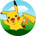 Žlutý Pikachu vykukující z trávy pod modrou oblohou s obláčkem, kulatý jedlý obrázek na dort