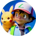 Kulatý jedlý obrázek s trenérem Ashem a žlutým Pikachu na modrém pozadí, moderní grafika, obrázek na dort