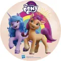 Kulatý jedlý obrázek s poníky Sunny Starscout a Izzy Moonbow z My Little Pony na pastelovém pozadí s duhou, jedlý obrázek na dort
