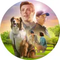 Jedlý obrázek na dort: fenka Ruby a její lidský kamarád v zelené trávě za západu slunce, teplé barvy, kulatý tvar