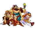 Kulatý jedlý obrázek na dort: Chip, Dale, Monty Jack a Gadgetka s tužkovou kuší na bílém pozadí, pestré barvy, pro dětské oslavy.