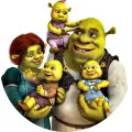 Shrek, Fiona a jejich tři zelená trojčata na bílém pozadí, kulatý jedlý obrázek na dort