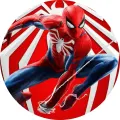 Spiderman v akčním skoku s vystřelenou pavučinou na kulatém červenobílém pozadí s pavoučím znakem, jedlý obrázek na dort