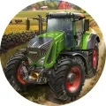 Zelený traktor s červenými koly jede po polní cestě mezi slunečnicemi, v pozadí červená stodola; jedlý obrázek na dort.