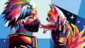 Pop-art ilustrace ninji v masce, který drží lišku, v modré, žluté, červené a fialové barvě, jedlý obrázek na dort