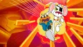 Danger Mouse s páskou přes oko a křečkem Penfoldem v modrém obleku prchají před výbuchem na žlutém pozadí, jedlý obrázek na dort