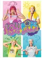 Obrázek Lollipopz ve čtyřech barevných polích s parukami zpěvaček a nápisem Super zábava, jedlý obrázek na dort