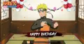 Naruto v černo-oranžovém oblečení obklopený balónky, konfetami a nápisem Happy Birthday, jedlý obrázek na dort