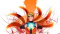Naruto drží modrou energetickou kouli před ohnivými liščími ocasy na bílém pozadí, jedlý obrázek na dort