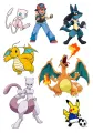 Jedlý obrázek na dort se sedmi postavami Pokémonů, včetně Ashe, Pikachu v modrém dresu a Charizarda na bílém pozadí