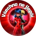 Kulatý jedlý obrázek na dort: hrdinka Miraculous v červeném kostýmu s černými puntíky a kocour s maskou na červeném pozadí, nápis Všechno ne