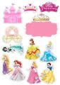 Jedlý obrázek s princeznami Disney, zámkem a kočárem z dýně, uprostřed růžový štítek pro jméno. Jedlý obrázek na dort.
