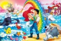Mořská víla s princem v objetí pod duhou, u zámku a třpytivého moře, jedlý obrázek na dort