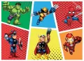 Komiksová pole s Wolverinem, Hulkem, Spider-Manem, Captainem Americou, Thorem a Iron Manem na tečkovaném pozadí, jedlý obrázek na dort