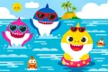 Rodinka Baby Sharků s brýlemi a žlutým plovacím kruhem plave v moři s rybkami, jedlý obrázek na dort