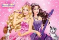 Barbie princezna s mikrofonem a kytaristka s fialovou kytarou se psíky mezi hvězdičkami, jedlý obrázek na dort