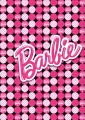 Jedlý obrázek s růžovým nápisem Barbie na černém pozadí s bílými a růžovými puntíky, jedlý obrázek na dort