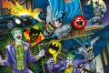Komiksová scéna s Batmanem u Batmobilu, netopýří znak na obloze a Joker ve fialovém obleku, jedlý obrázek na hranatý dort