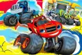 Červený monster truck Blaze a modrý závodník na žluto-modrém pozadí, jedlý obrázek na dort