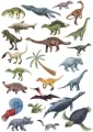 Jedlý obrázek s pravěkými dinosaury v zelených, hnědých a modrých tónech, s tyranosaurem a stegosaurem na jedlý obrázek na dort
