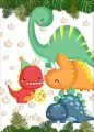 Červený dinosaurus T-Rex s narozeninovou čepičkou držící vejce mezi zelenými listy, jedlý obrázek na dort